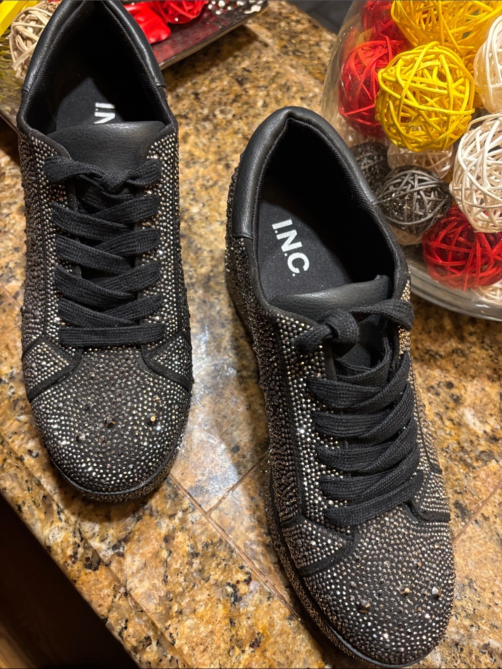 Black platform sneakers with all-over rhinestone embellishment. - Picture 5 of 9